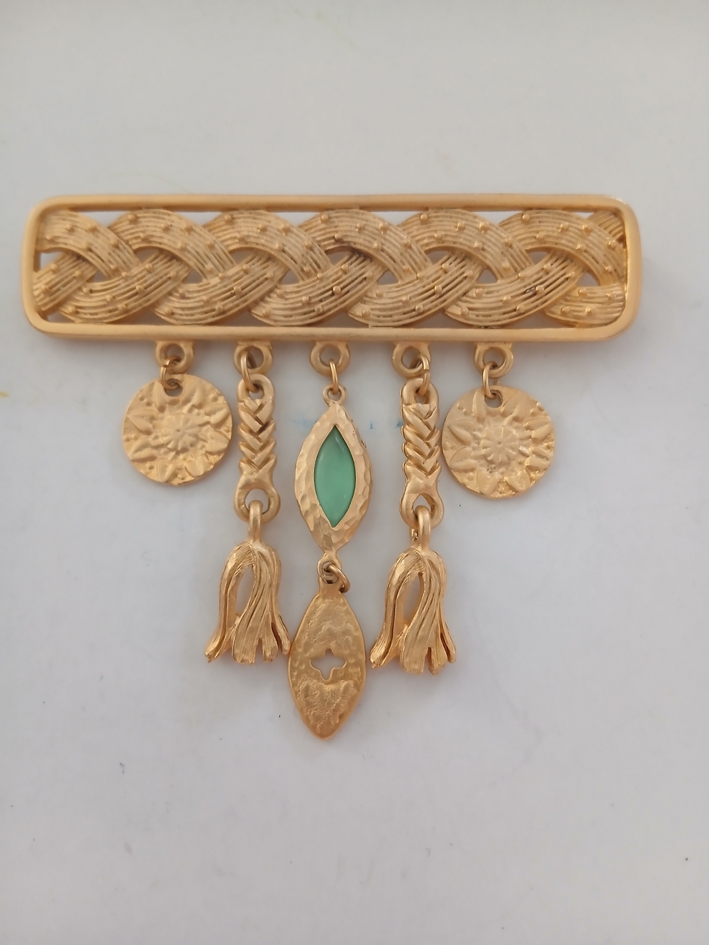Gold-Tone Braided Dangle Brooch with Green Accent